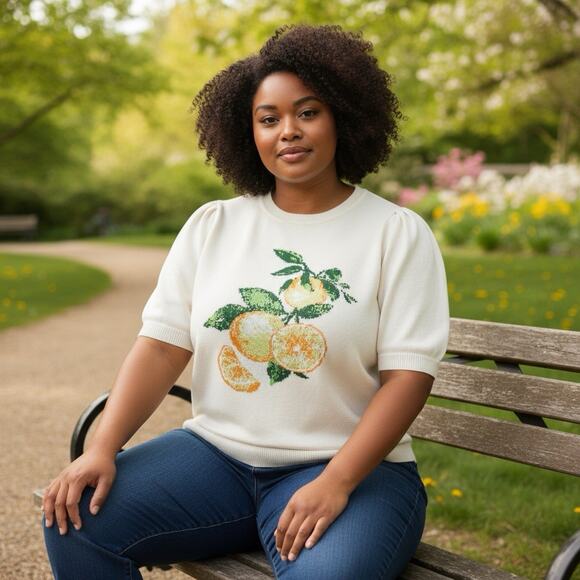 Skies Are Blue Cream Knit Short Sleeve Sweater Lemon Print Women’s Plus 1X NWOT - Picture 1 of 11
